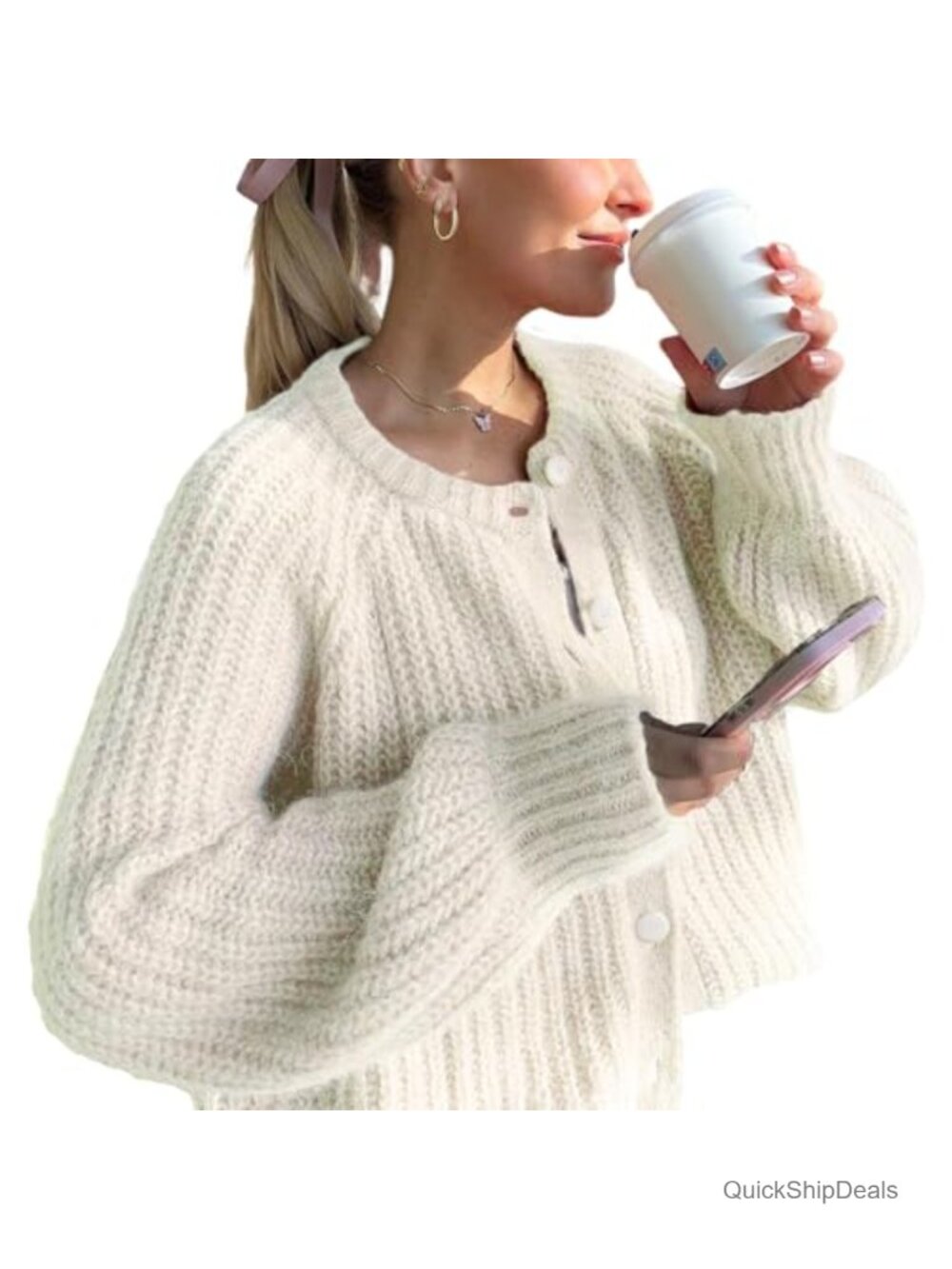Chunky Knit Cropped Cardigan Button Front Long Sleeve Y2k Women's Sweater